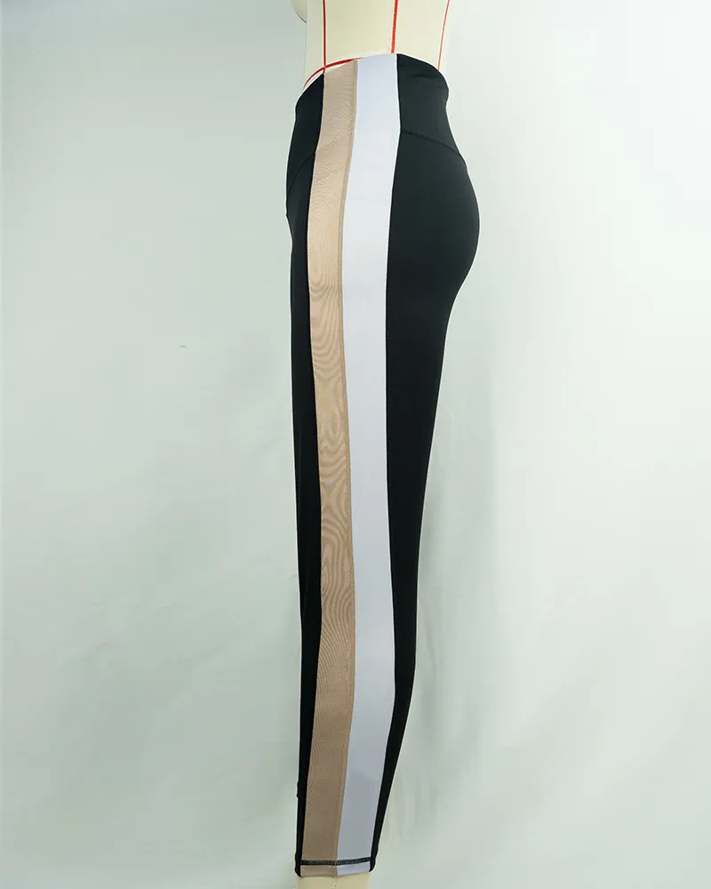 Black High-Waist Yoga Pants with Gold and White Stripes (2)