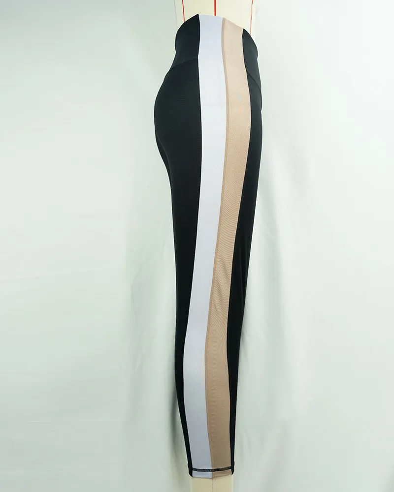 Black High-Waist Yoga Pants with Gold and White Stripes (3)