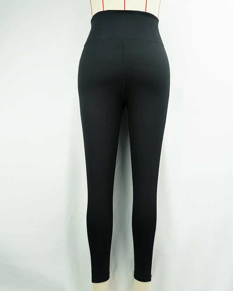 Black High-Waist Yoga Pants with Gold and White Stripes (4)