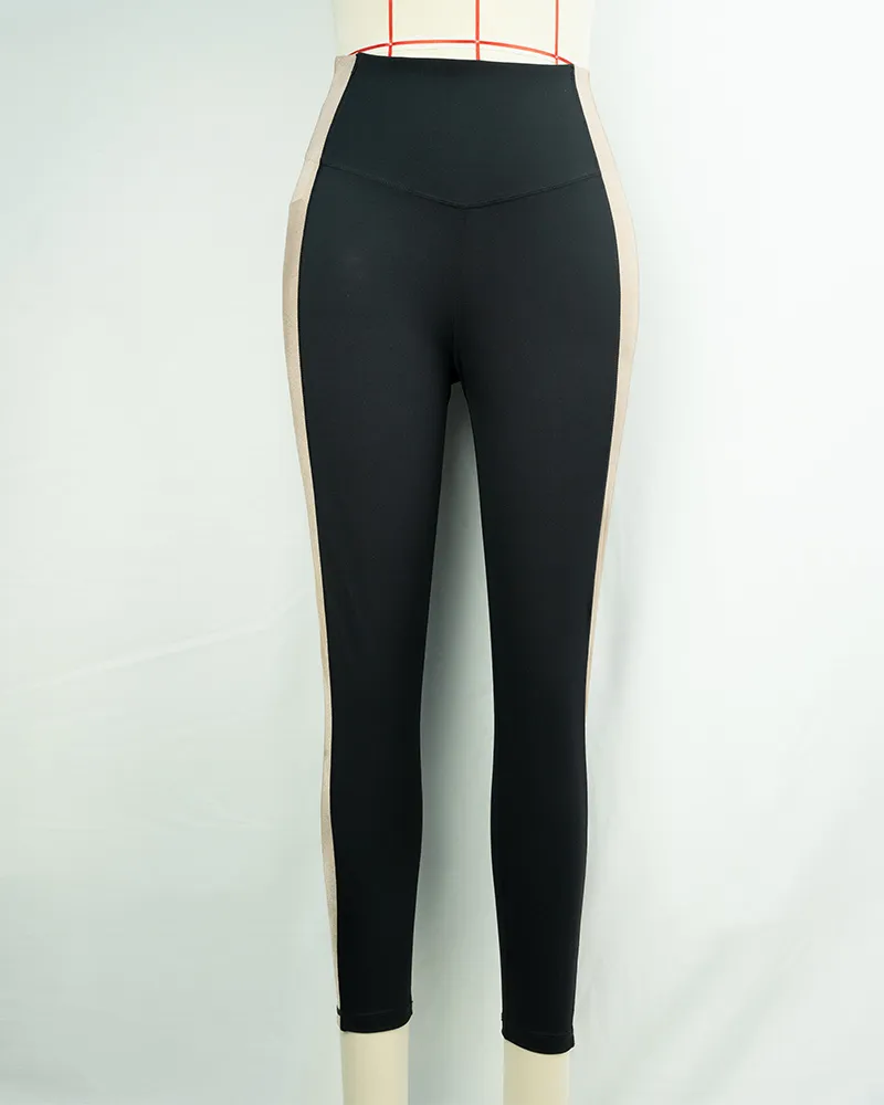 Black High-Waist Yoga Pants with Gold and White Stripes