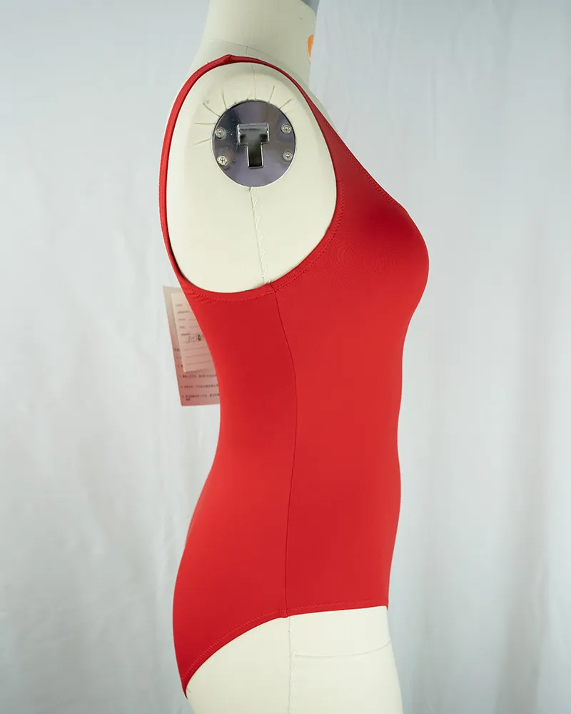 Bold Red Waist-Cinching One-Piece Swimsuit (2)