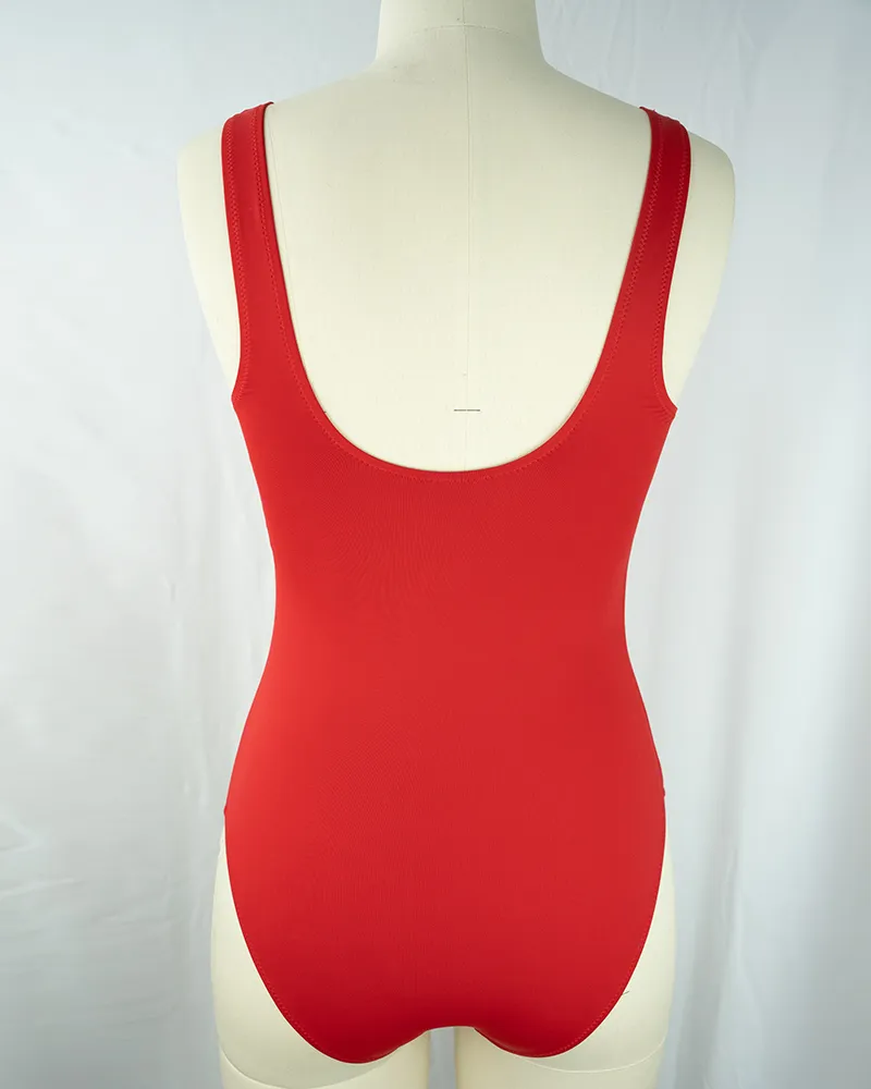 Bold Red Waist-Cinching One-Piece Swimsuit (3)