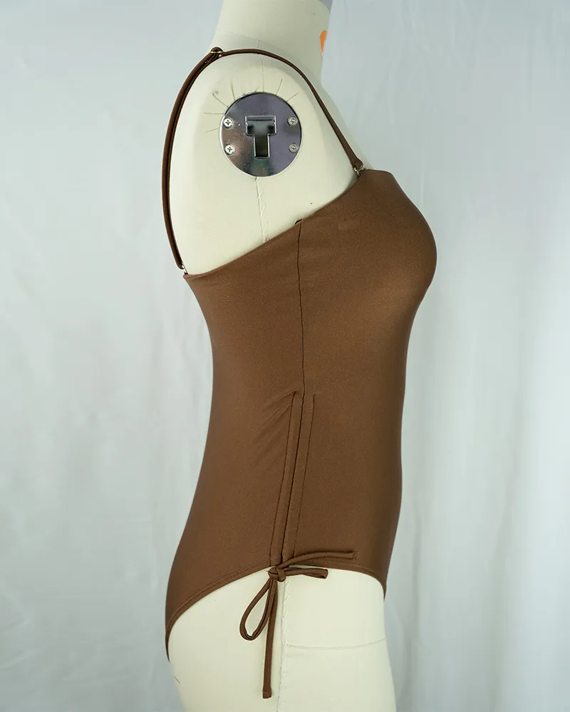 Brown One-Shoulder Tie-Side Swimsuit