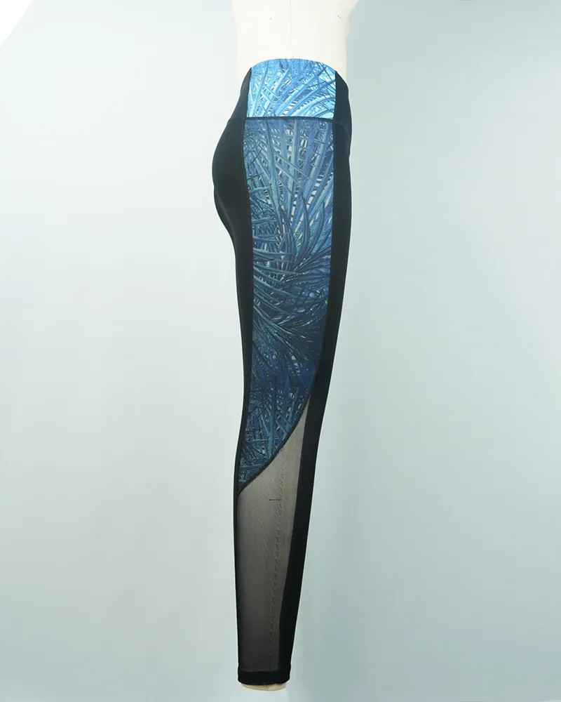 Elegant Black and Blue Print Cut-Out Yoga Pants (2)