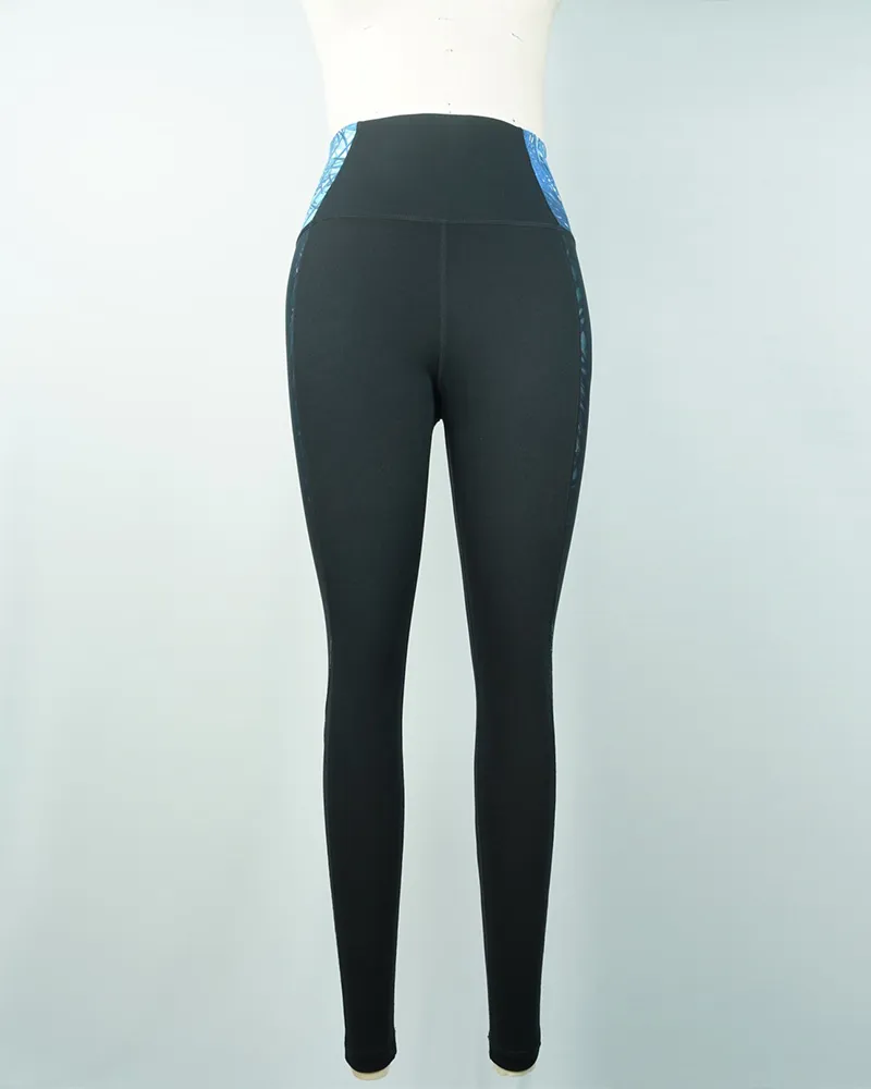 Elegant Black and Blue Print Cut-Out Yoga Pants