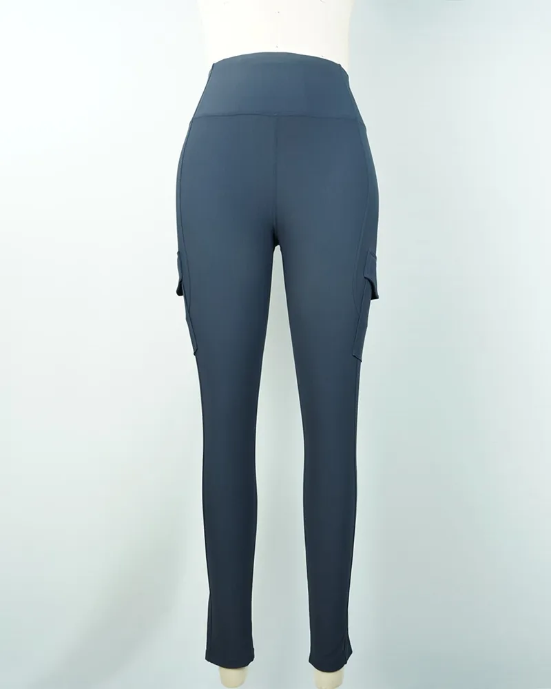 Navy Blue High-Waist Athletic Leggings with Pockets