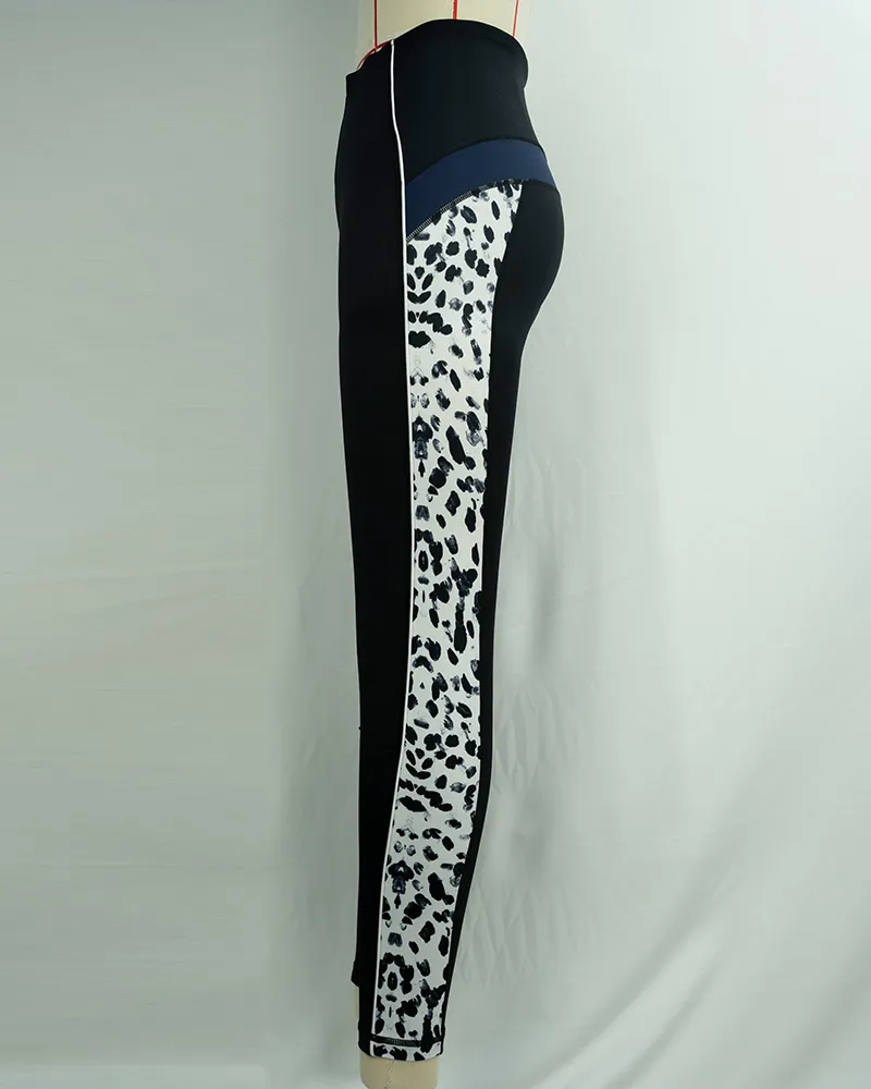 Women`s Black High Waist Yoga Pants with Leopard Print Panels (2)