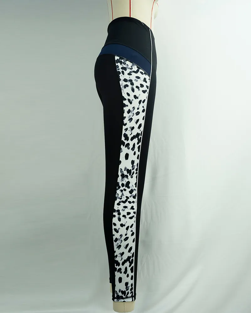 Women`s Black High Waist Yoga Pants with Leopard Print Panels (4)