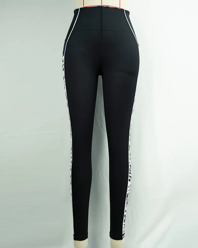 Women`s Black High Waist Yoga Pants with Leopard Print Panels