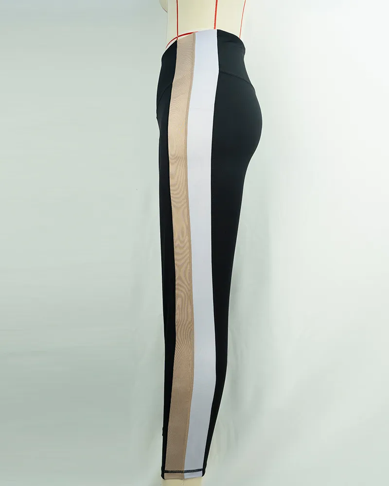 Women`s High Waist Black Leggings with Beige and White Panel Design (2)