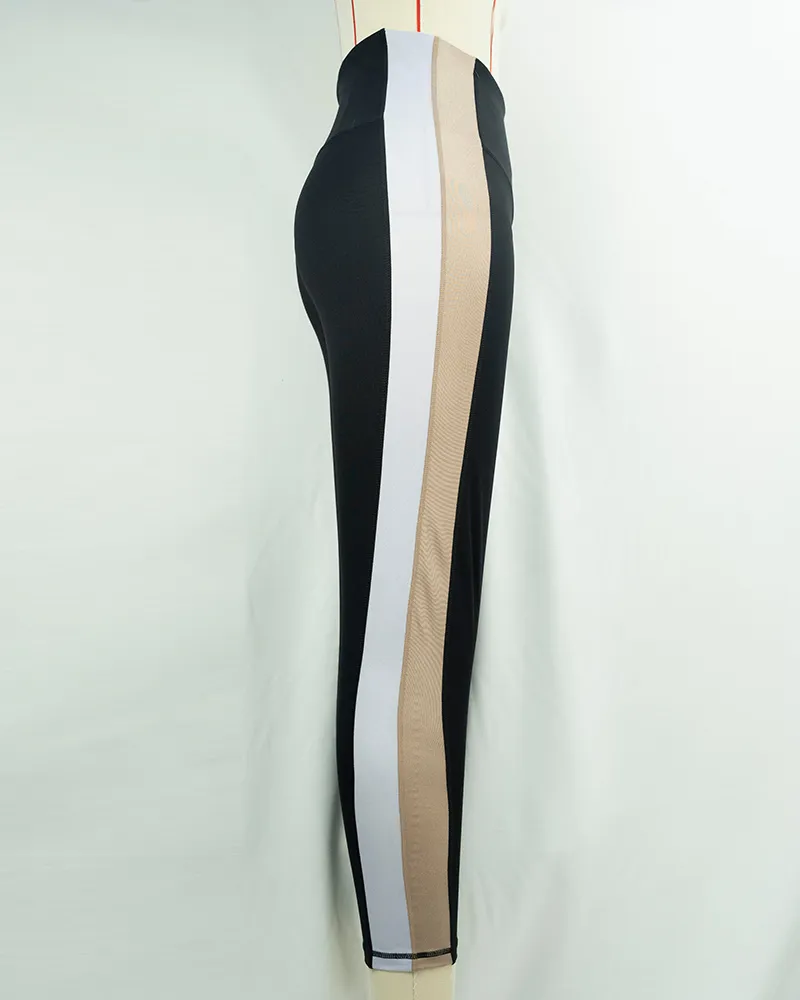 Women`s High Waist Black Leggings with Beige and White Panel Design (3)