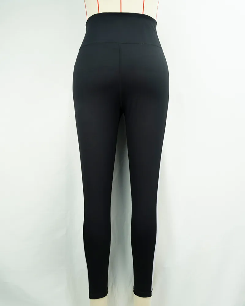 Women`s High Waist Black Leggings with Beige and White Panel Design (4)