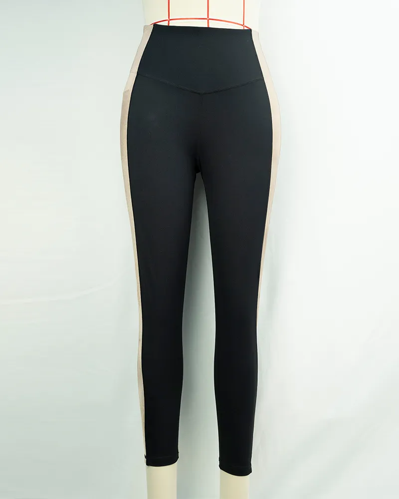 Women`s High Waist Black Leggings with Beige and White Panel Design